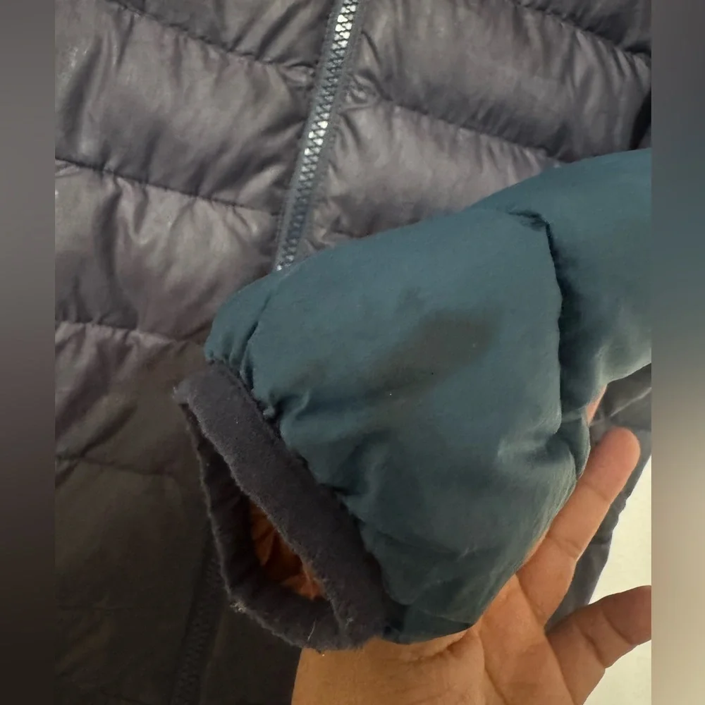 Patagonia Blue and Brown Puffer Jacket with Geometric Design